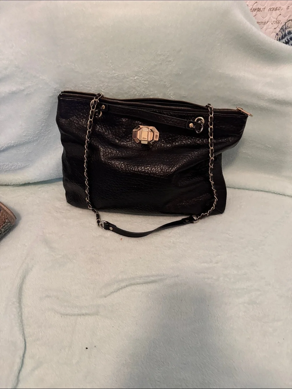 DKNY Black Pebbled Leather Clutch with Gold Hardware